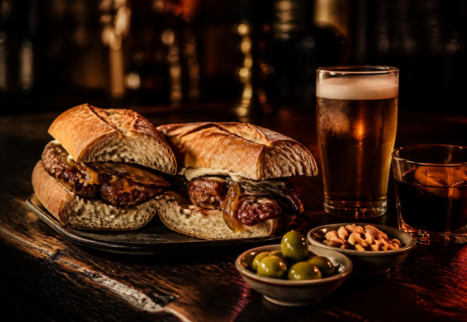 Esmorzaret de Bar Galeta: bocadillo de brascada con cerveza y vermut en la barra