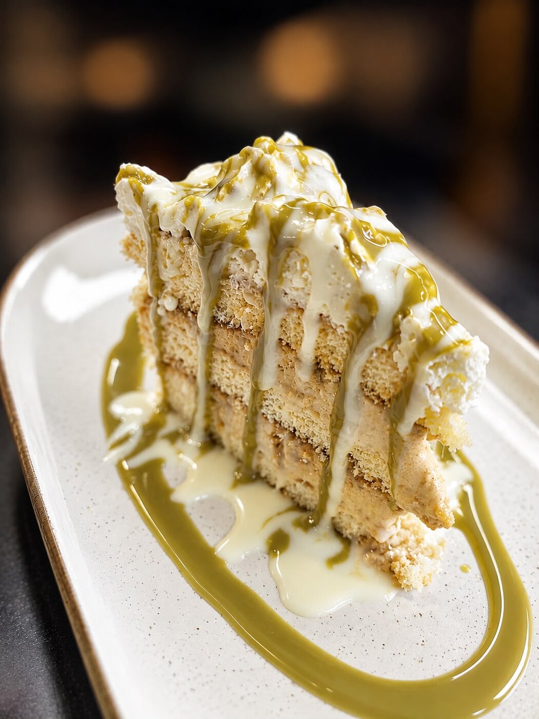 Tarta artesana de la casa con crema y pistacho